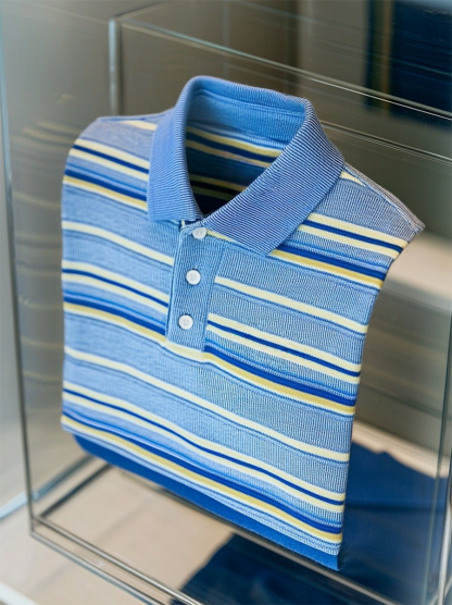 Men's Business Casual Striped Button Short Sleeve Polo Shirt