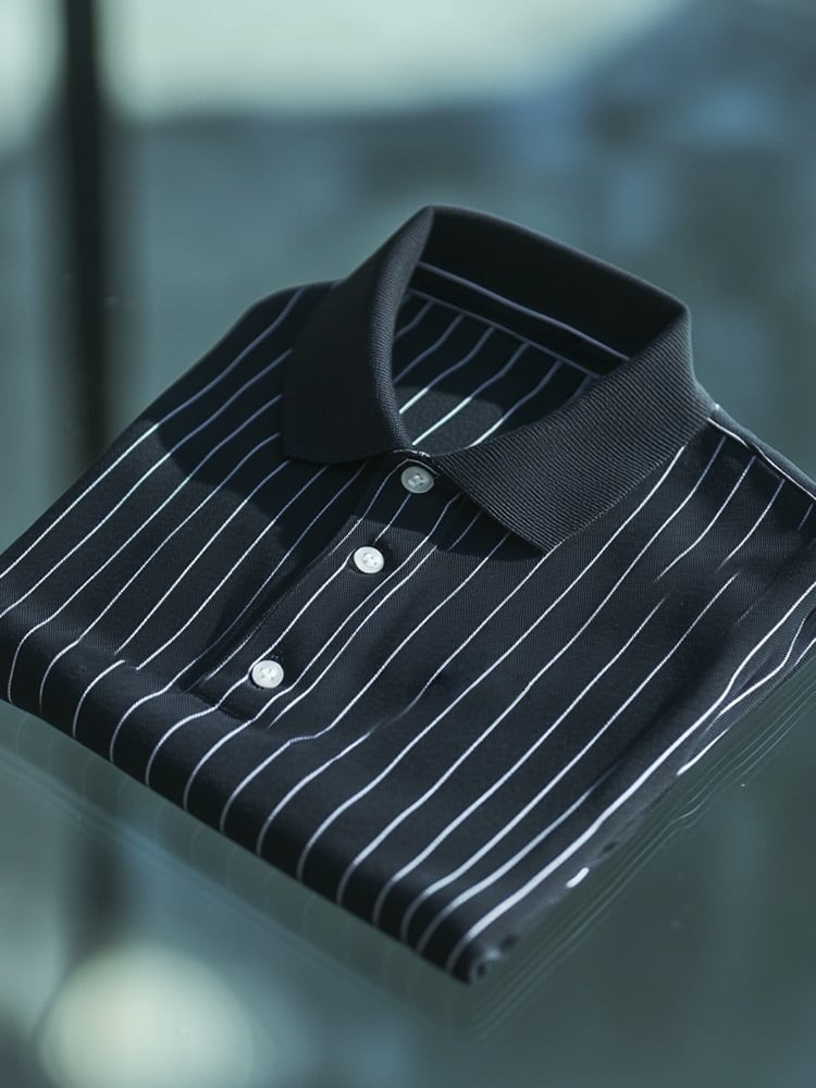 Men's Business Casual Striped Button Short Sleeve Polo Shirt