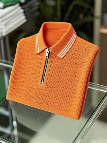 Men's Business Casual Logo Waffle Zip-Up Short Sleeve Polo
