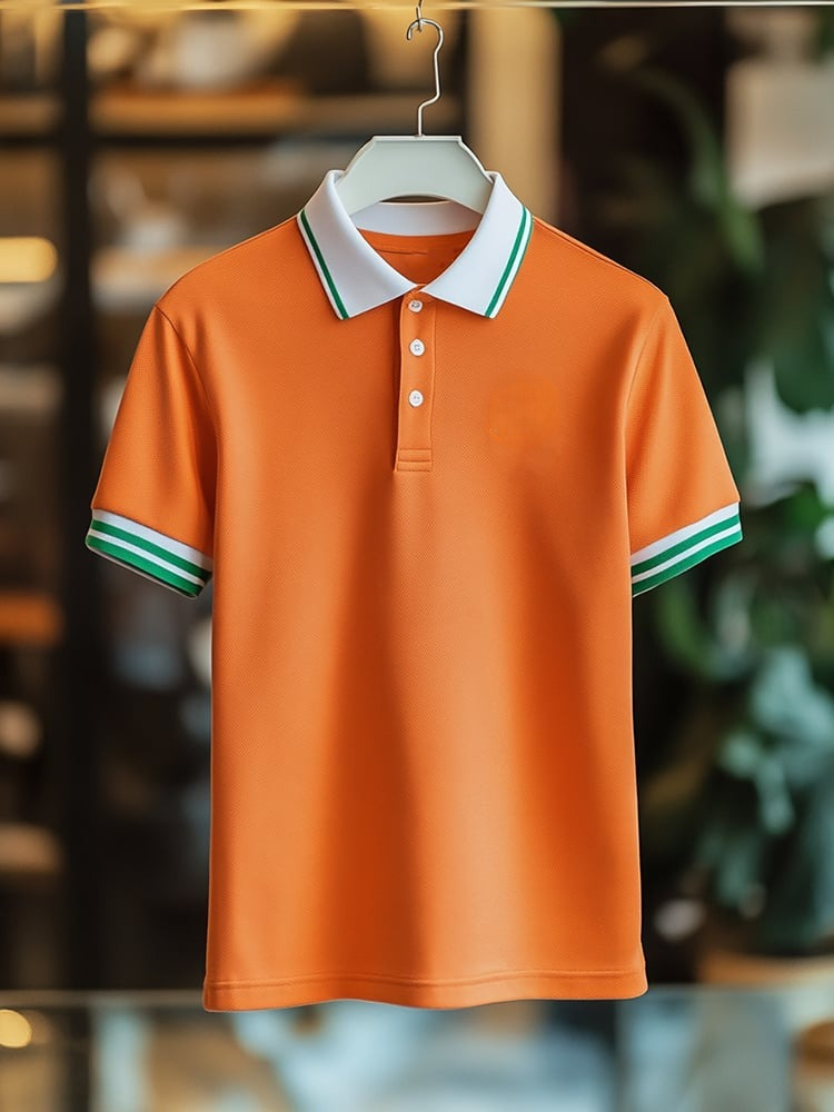 Men's Business Casual Orange Stripe Button Short Sleeve Polo Shirt