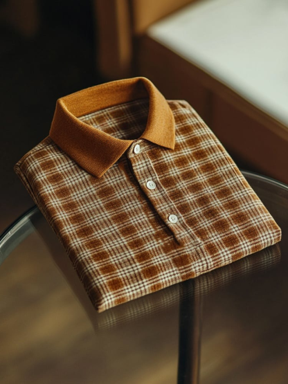 Men's Business Casual Plaid Button Short Sleeve Polo Shirt