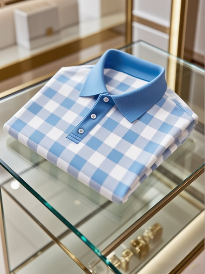 Men's Business Casual Plaid Button Short Sleeve Polo Shirt