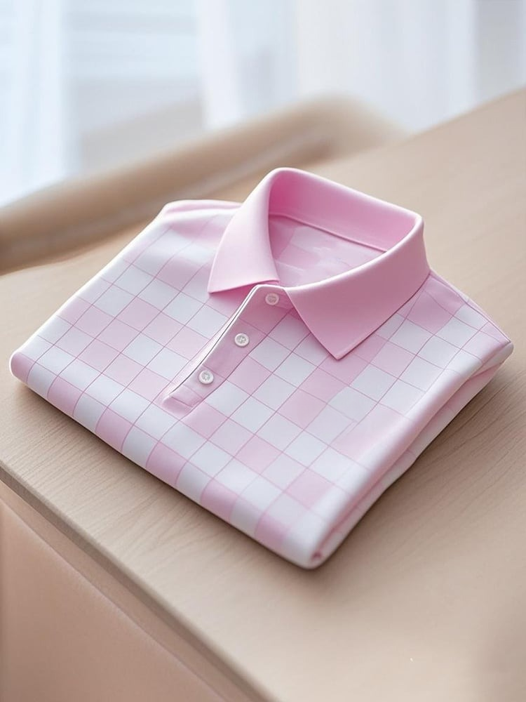 Men's Business Casual Plaid Button Short Sleeve Polo Shirt
