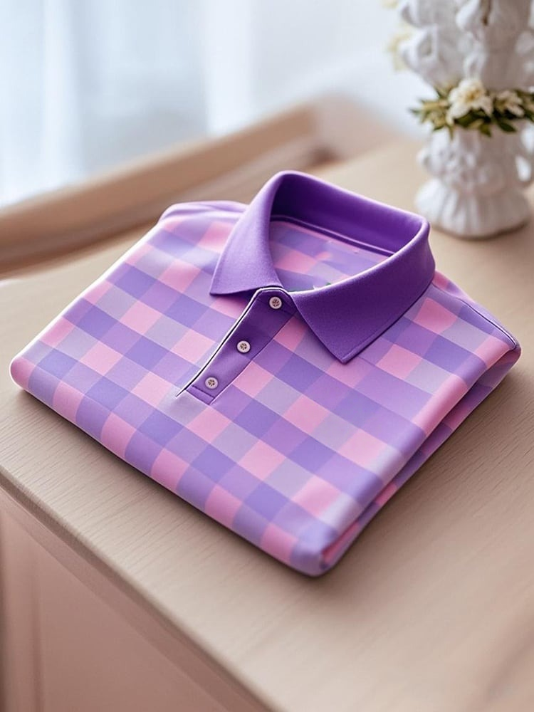 Men's Business Casual Plaid Button Short Sleeve Polo Shirt