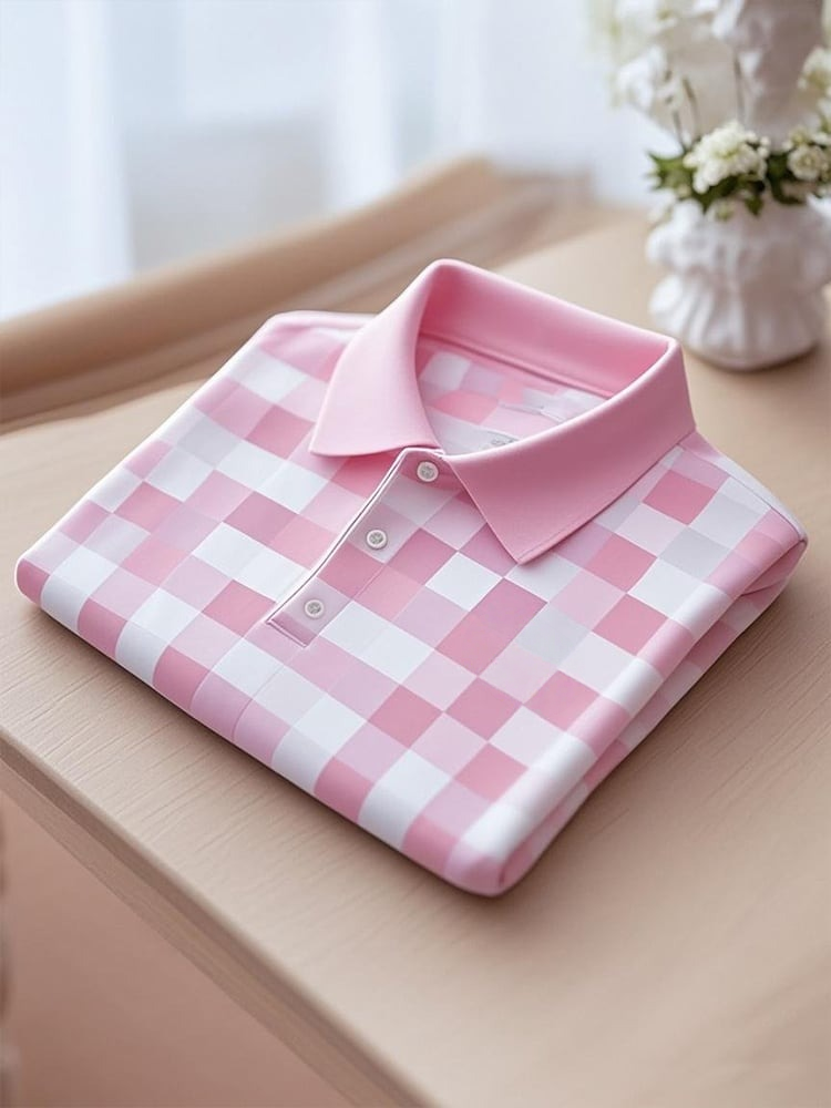 Men's Business Casual Plaid Button Short Sleeve Polo Shirt