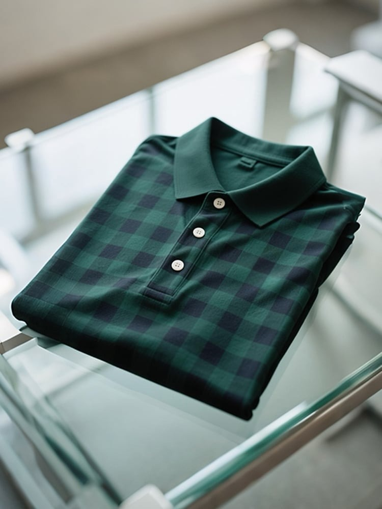 Men's Business Casual Plaid Logo Button Short Sleeve Polo Shirt