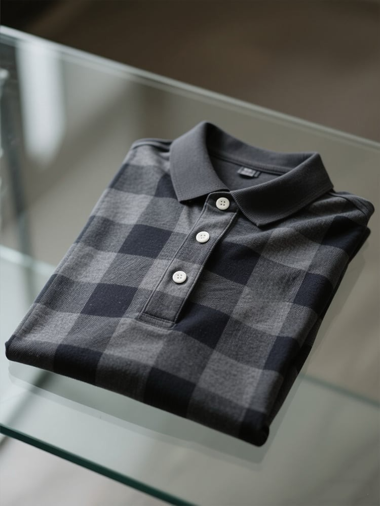 Men's Business Casual Plaid Logo Button Short Sleeve Polo Shirt