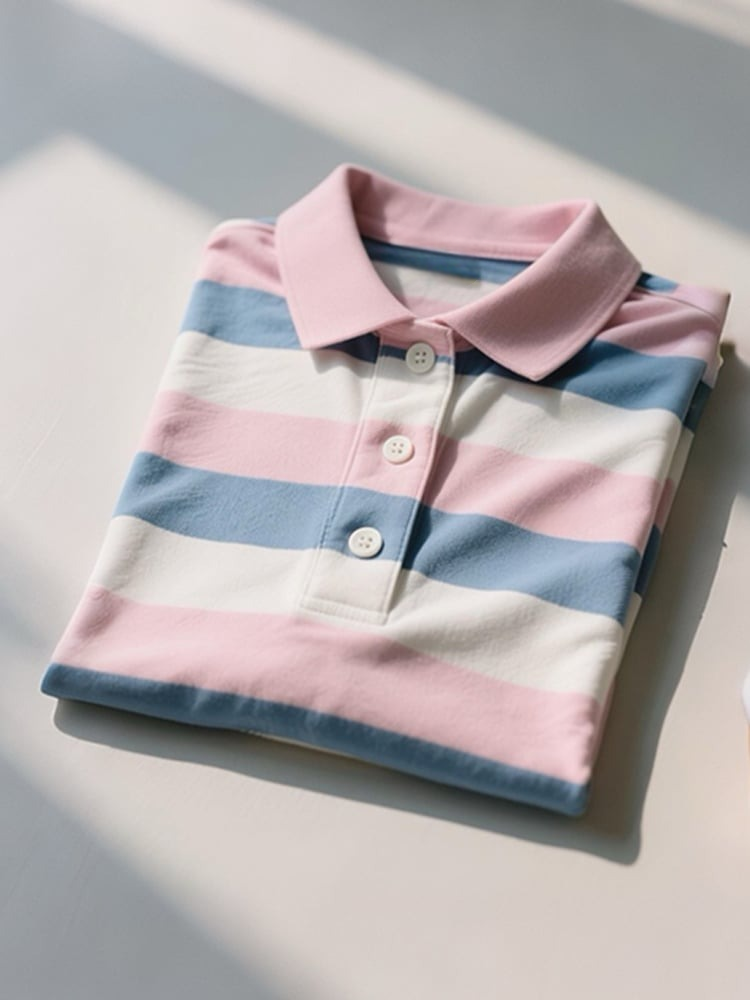 Men's Business Casual Striped Logo Button Short Sleeve Polo Shirt