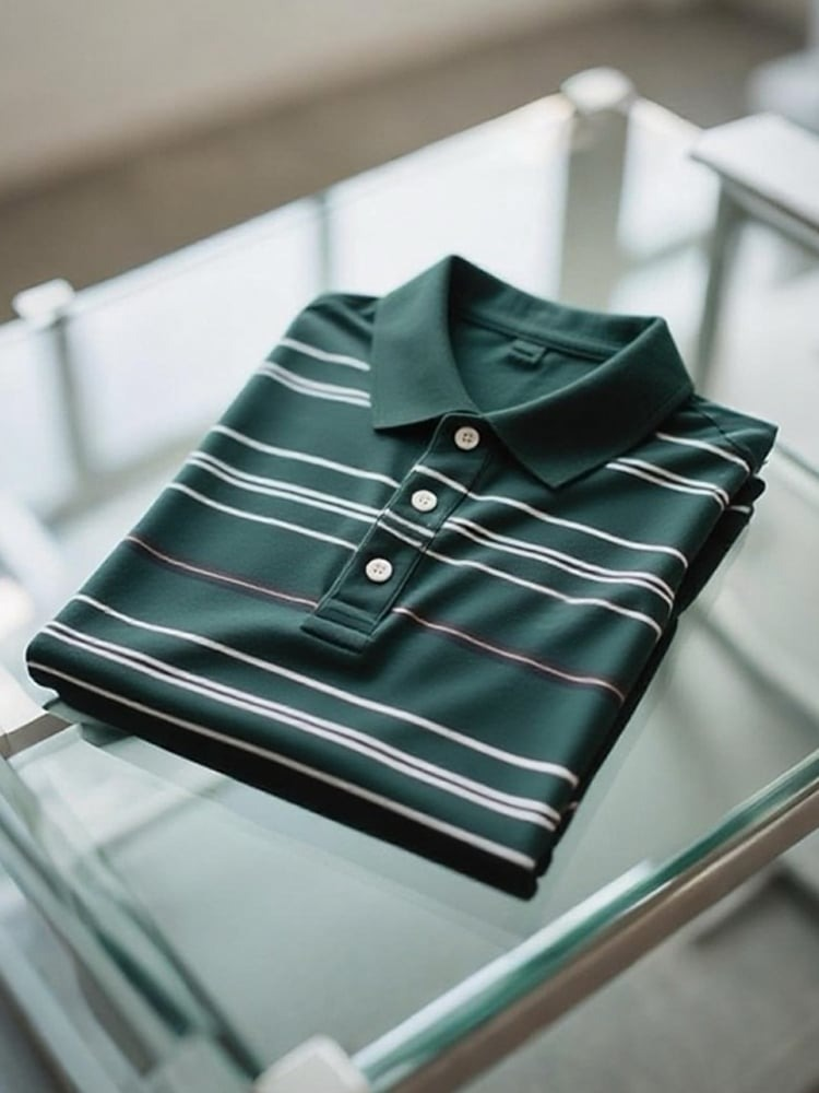 Men's Business Casual Striped Logo Button Short Sleeve Polo Shirt