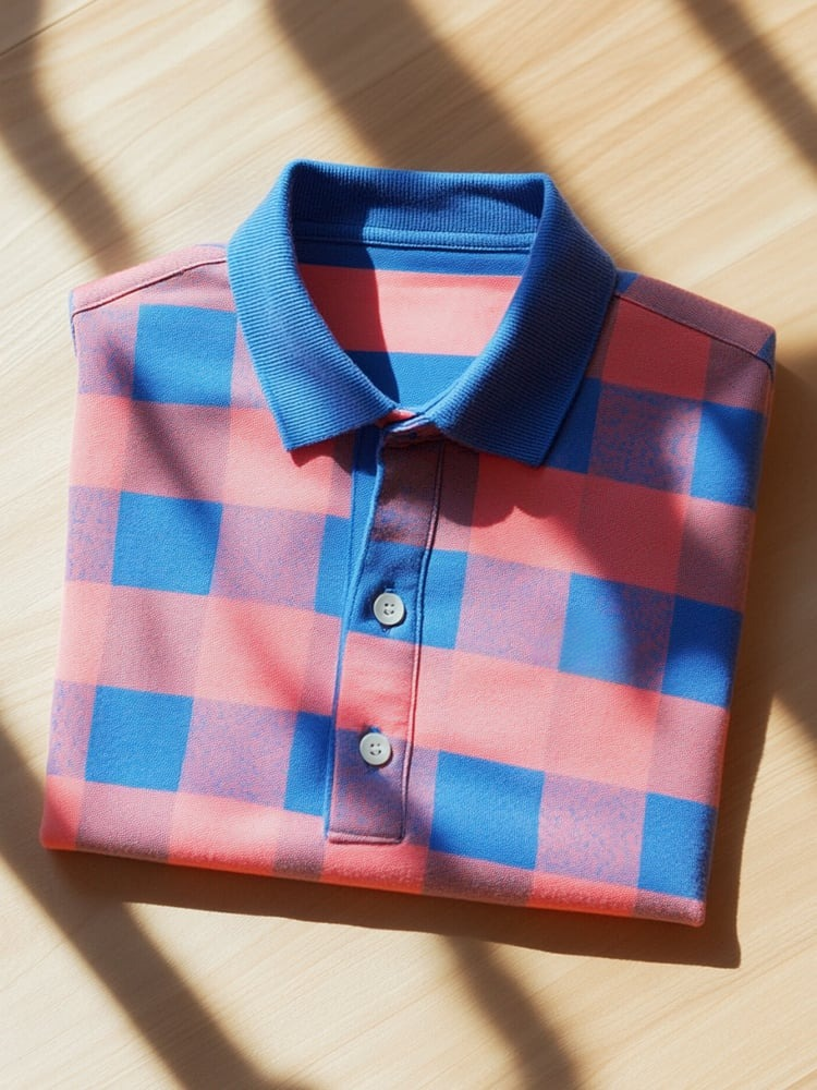 Men's Business Casual Plaid Logo Button Short Sleeve Polo Shirt