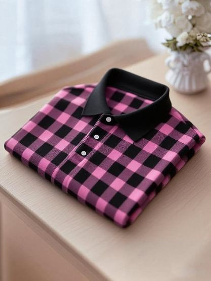 Men's Business Casual Black and Pink Plaid Button Short Sleeve Polo Shirt