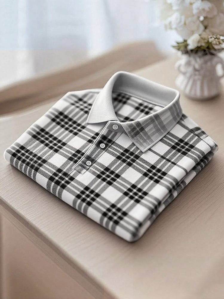 Men's Business Casual Plaid Button Short Sleeve Polo Shirt