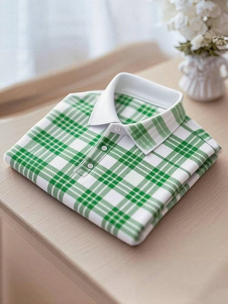 Men's Business Casual Plaid Logo Button Short Sleeve Polo Shirt