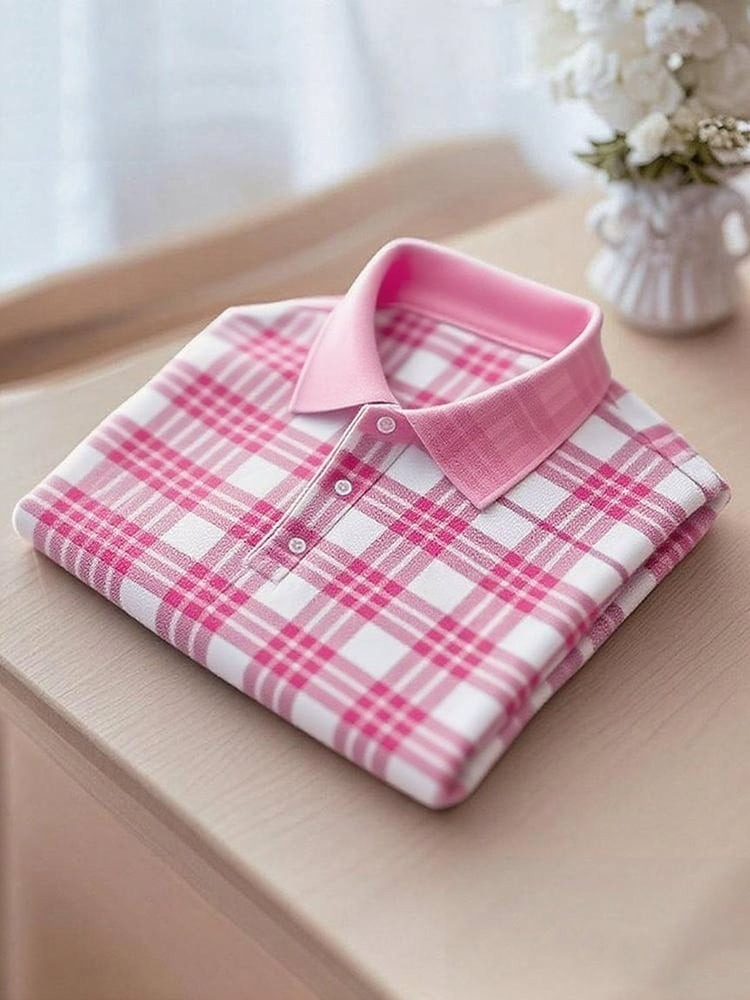 Men's Business Casual Plaid Button Short Sleeve Polo Shirt