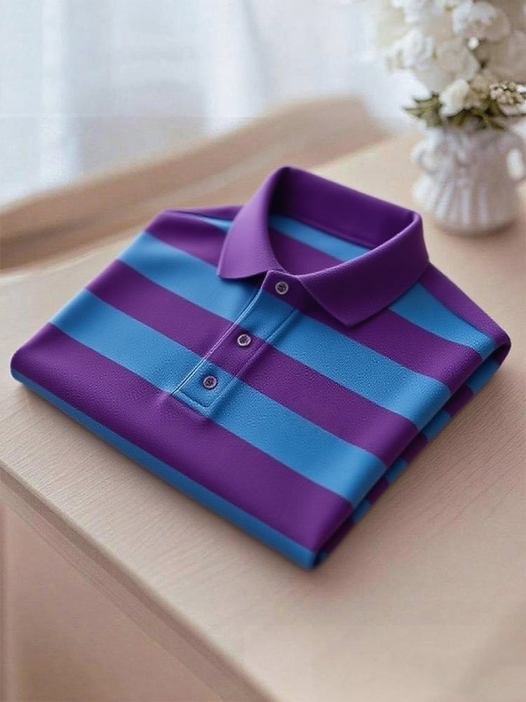 Men's Business Casual Striped Button Short Sleeve Polo Shirt