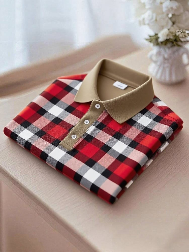 Men's Business Casual Plaid Logo Button Short Sleeve Polo Shirt