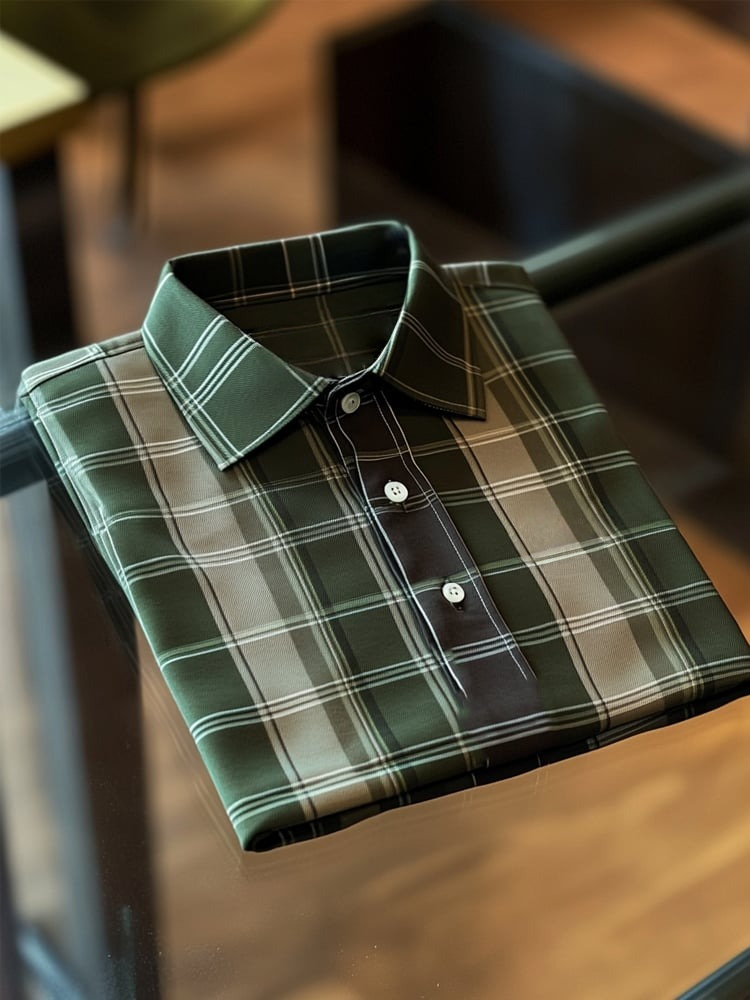 Men's Business Casual Green Plaid Button Short Sleeve Polo Shirt