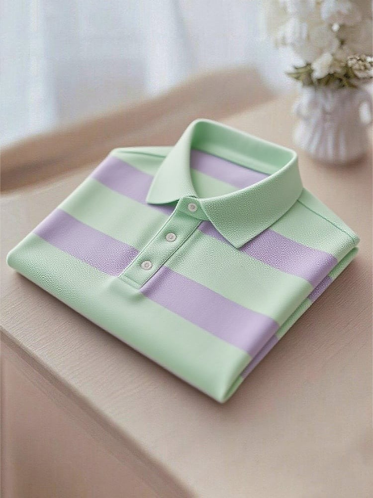 Men's Business Casual Green and Purple Striped Button Short Sleeve Polo Shirt