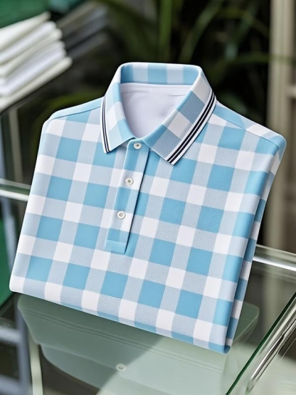 Men's Classic Business Blue and White Check Logo Button Short Sleeve Polo Shirt