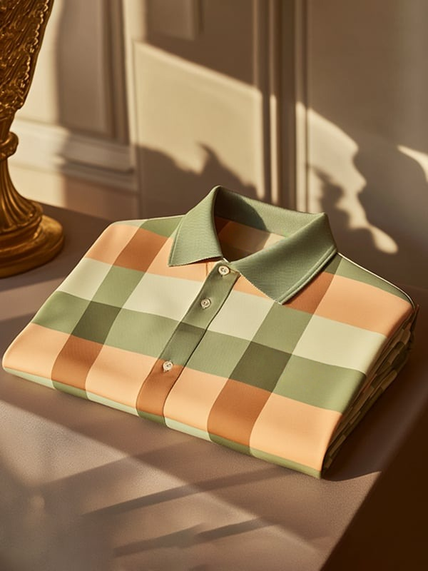 Men's Classic Business Check Logo Button Short Sleeve Polo Shirt