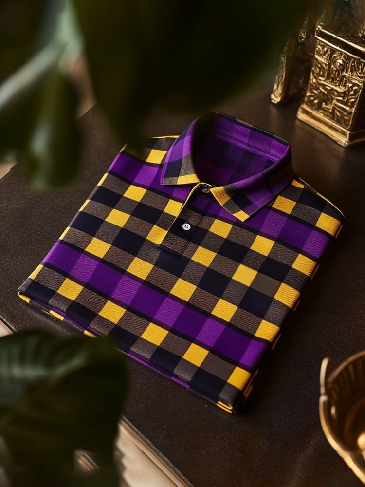 Men's Classic Business Check Logo Button Short Sleeve Polo Shirt