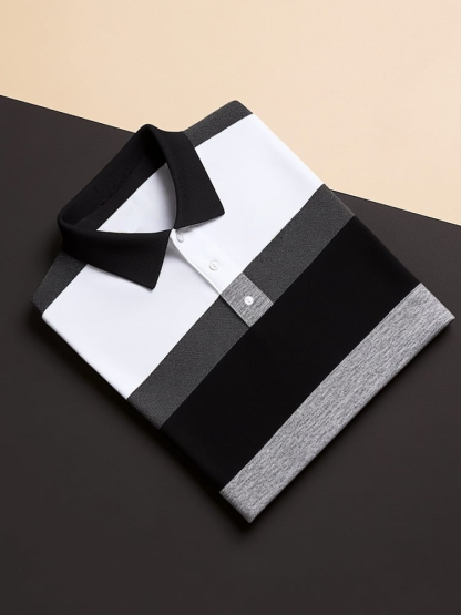 Men's Business Casual Black and Grey Block Button Short Sleeve Polo Shirt