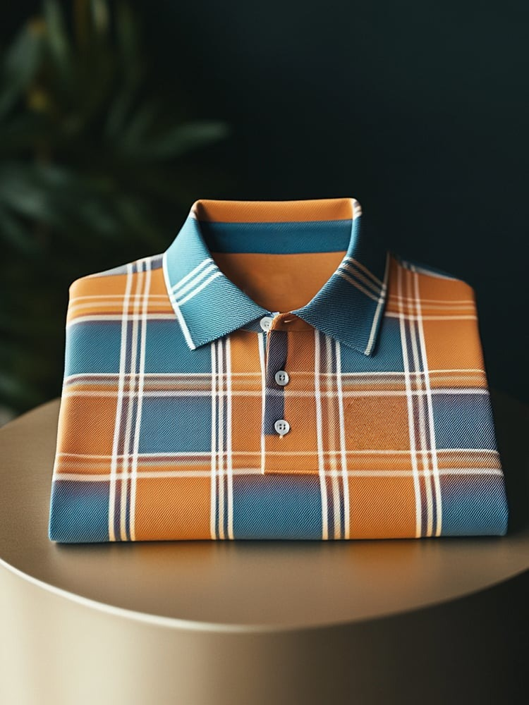 Men's Classic Business Check Logo Button Short Sleeve Polo Shirt