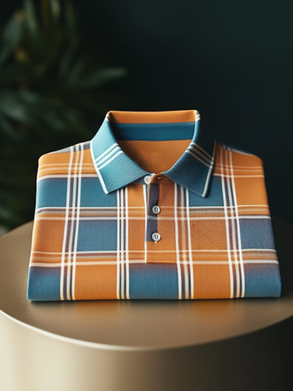 Men's Classic Business Check Logo Button Short Sleeve Polo Shirt