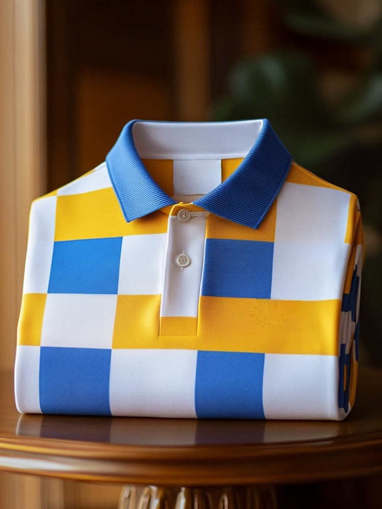 Men's Classic Business Check Logo Button Short Sleeve Polo Shirt