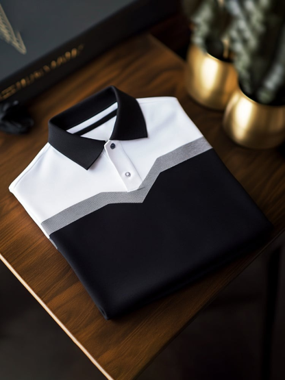 Men's Classic Business Check Logo Button Short Sleeve Polo Shirt