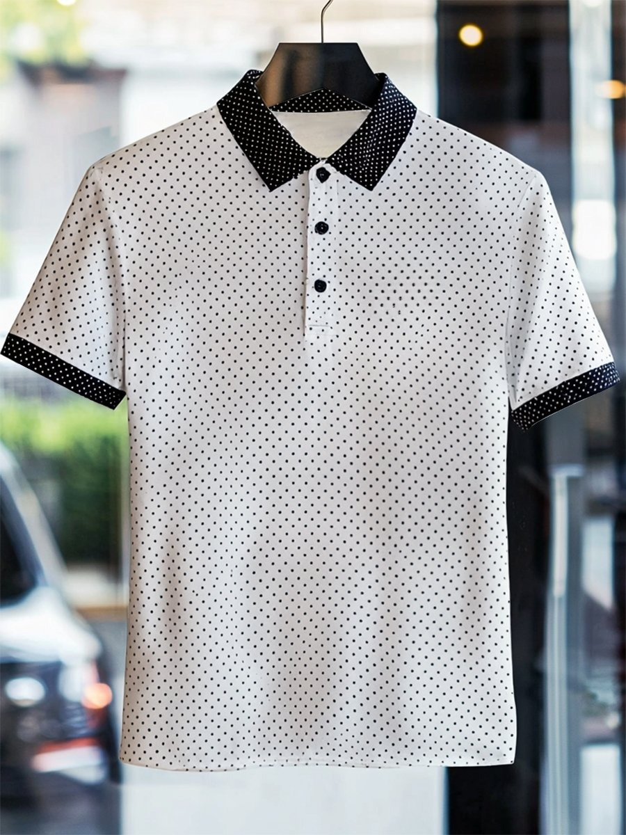 Men's Business Casual Polka Dot Art Button Short Sleeve Polo Shirt