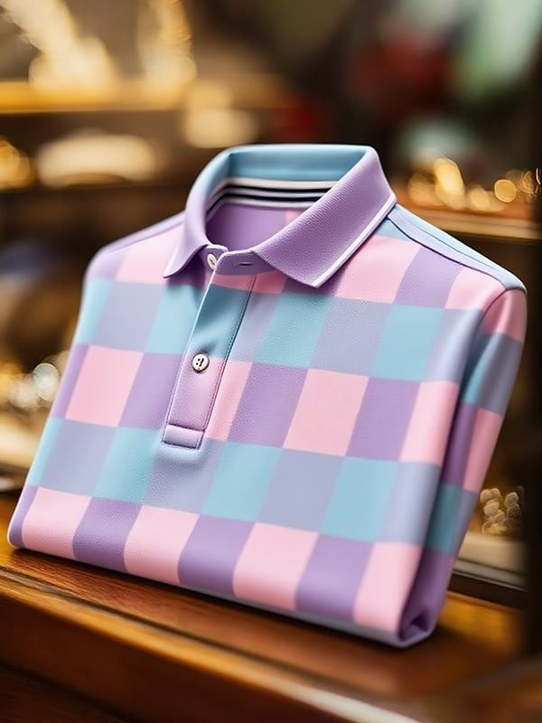 Men's Classic Business Checkerboard Logo Button Short Sleeve Polo Shirt