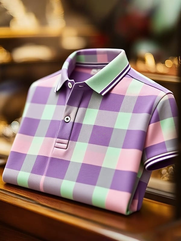 Men's Classic Business Checkerboard Logo Button Short Sleeve Polo Shirt