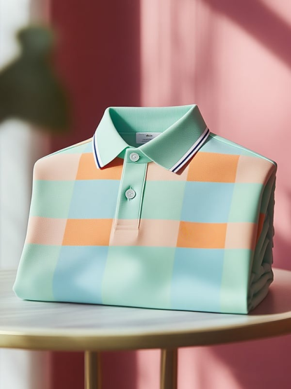 Men's Classic Business Check Logo Button Short Sleeve Polo Shirt