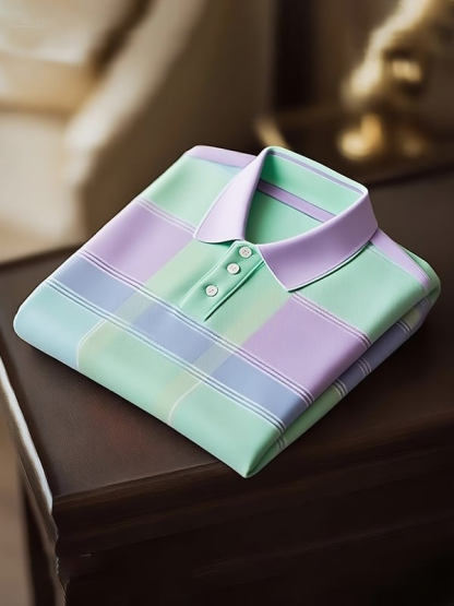 Men's Classic Business Check Logo Button Short Sleeve Polo Shirt