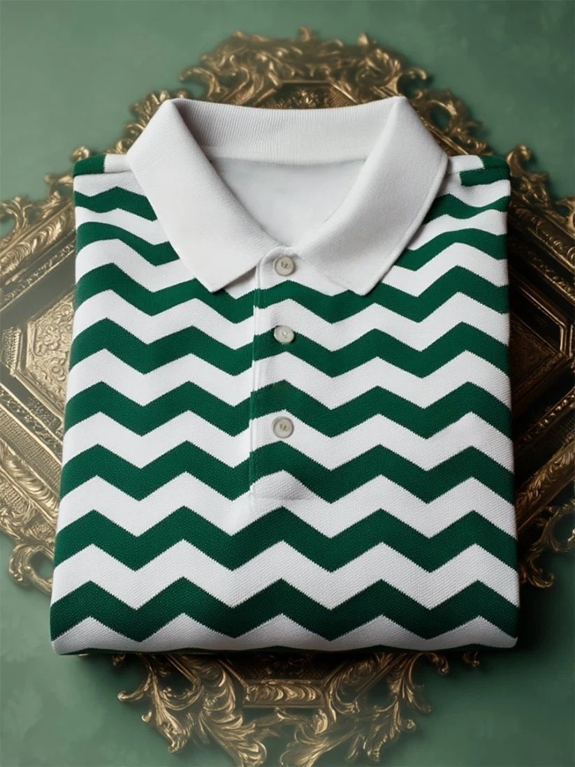 Men's Business Casual Chevron Stripe Button-Down Short Sleeve Polo Shi