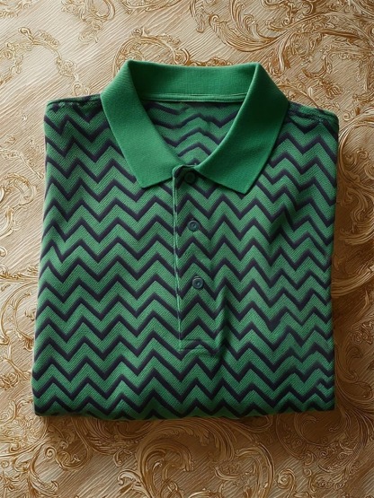 Men's Business Casual Chevron Stripe Button-Down Short Sleeve Polo Shirt