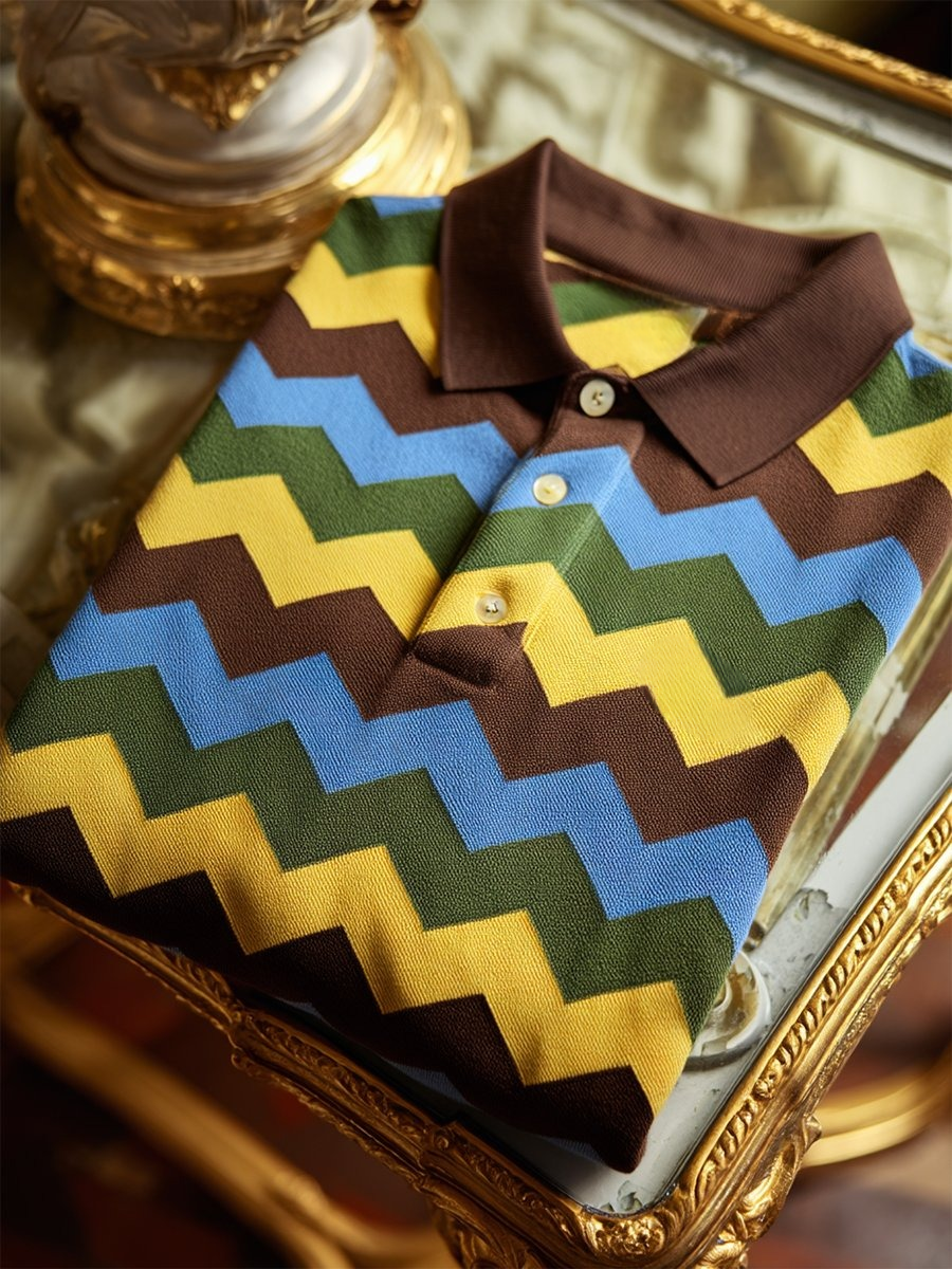 Men's Business Casual Chevron Stripe Button-Down Short Sleeve Polo Shirt