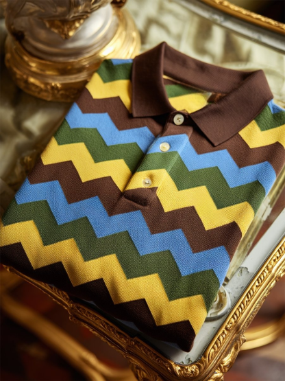 Men's Business Casual Chevron Stripe Button-Down Short Sleeve Polo Shirt