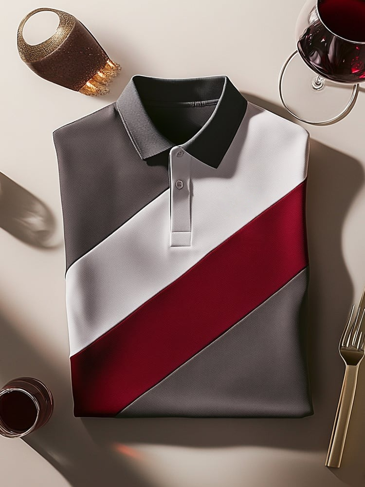 Men's Classic Business Check Logo Button Short Sleeve Polo Shirt