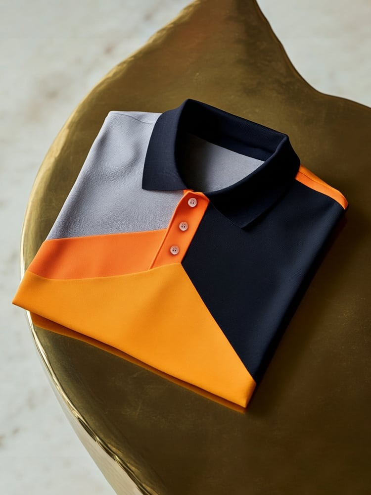 Men's Classic Business Check Logo Button Short Sleeve Polo Shirt