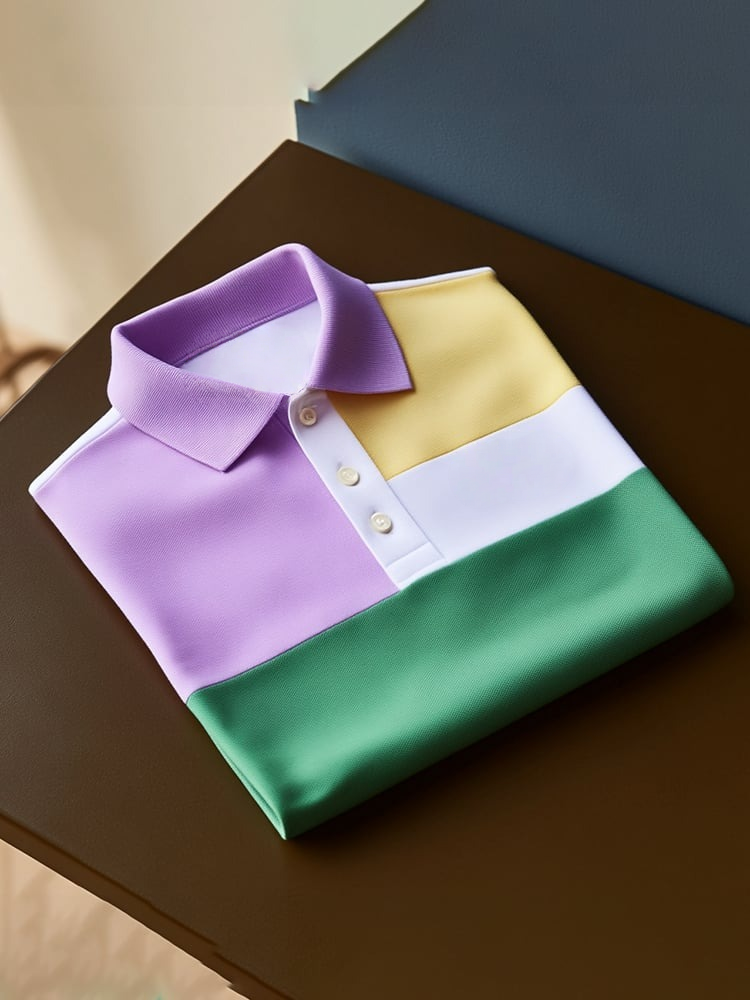 Men's Classic Business Check Logo Button Short Sleeve Polo Shirt