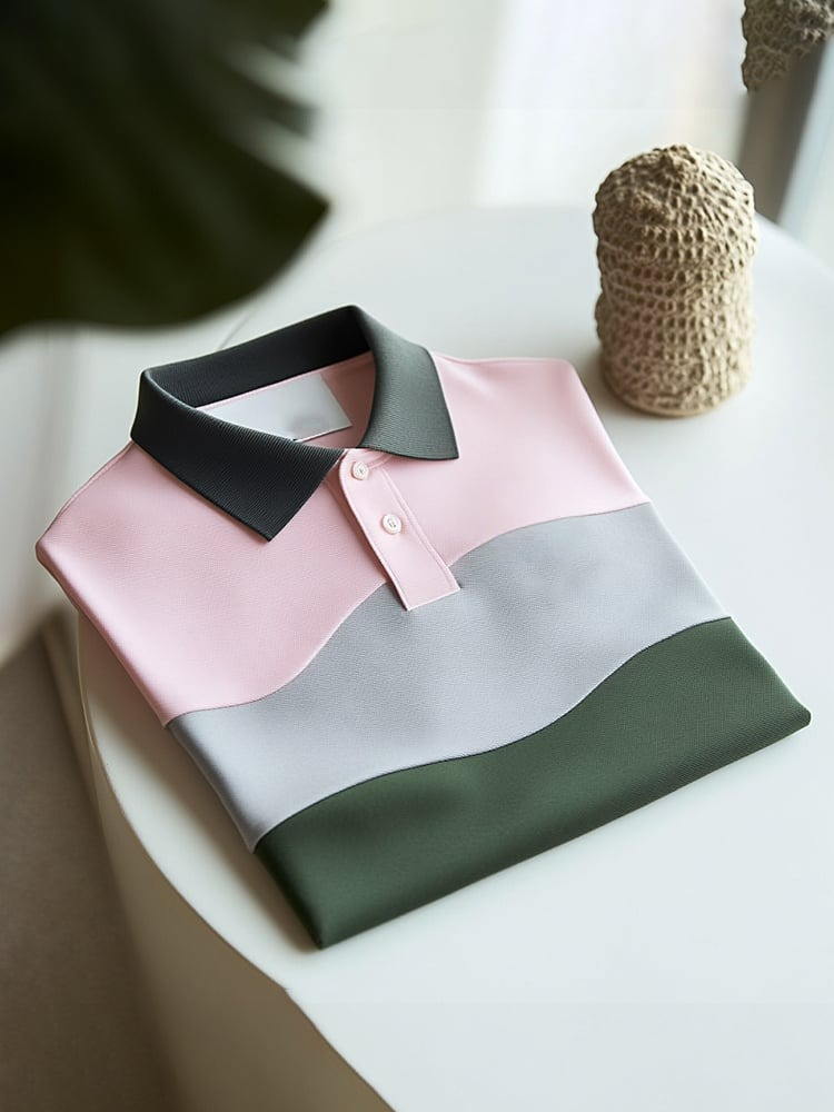 Men's Classic Business Check Logo Button Short Sleeve Polo Shirt
