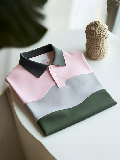 Men's Classic Business Check Logo Button Short Sleeve Polo Shirt