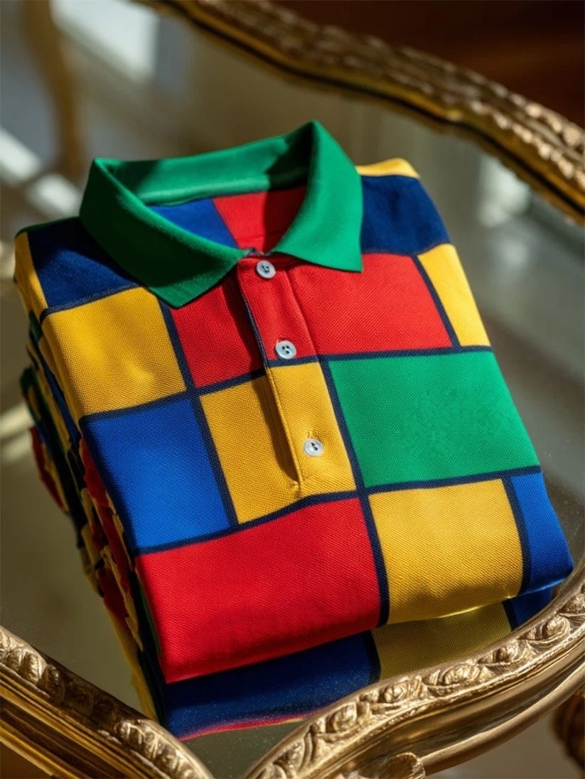 Men's Business Casual Mondrian Art Button Short Sleeve Polo Shirt