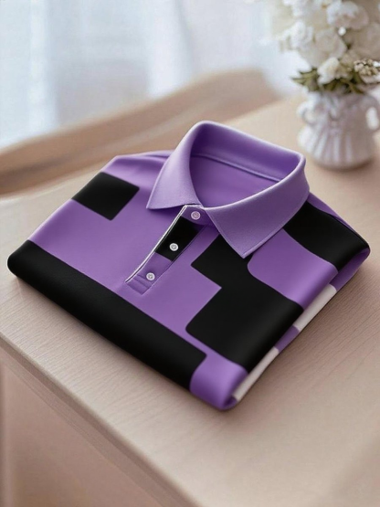 Men's Business Casual Purple and Black Button Short Sleeve Polo Shirt