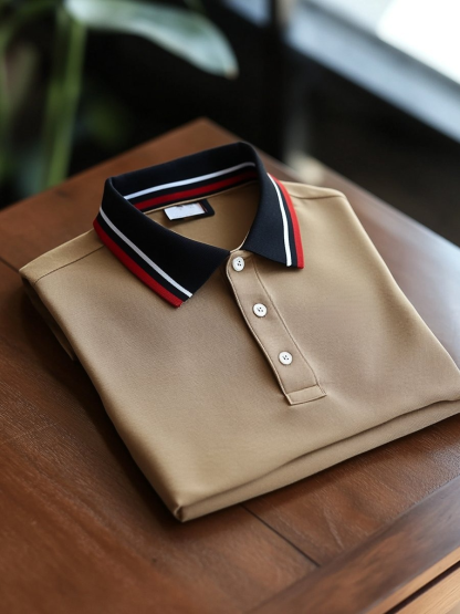 Men's Business Casual Khaki Button Short Sleeve Polo Shirt