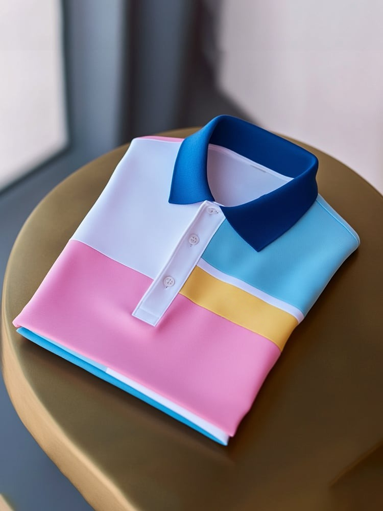 Men's Classic Business Check Logo Button Short Sleeve Polo Shirt