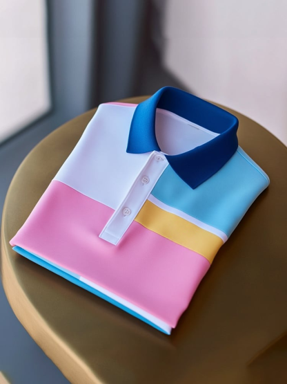 Men's Classic Business Check Logo Button Short Sleeve Polo Shirt