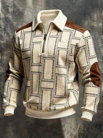 Men's Retro Color Block Print Color-Blocked Zip-Up Sweatshirt